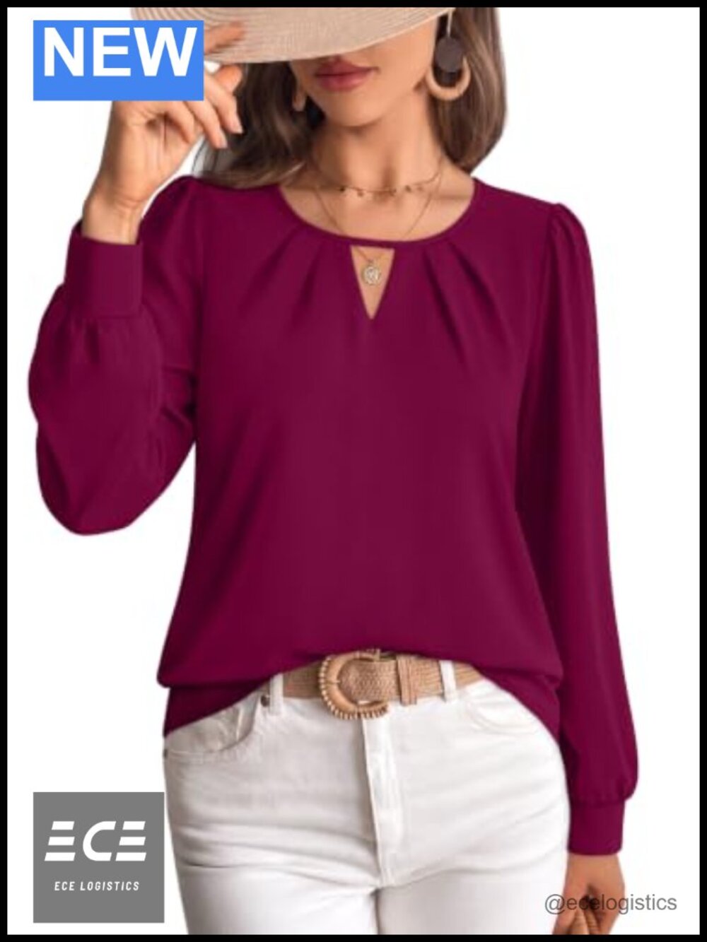 Women's Keyhole Neck Puff Sleeve Long Sleeve Chiffon Blouse Dressy Casual